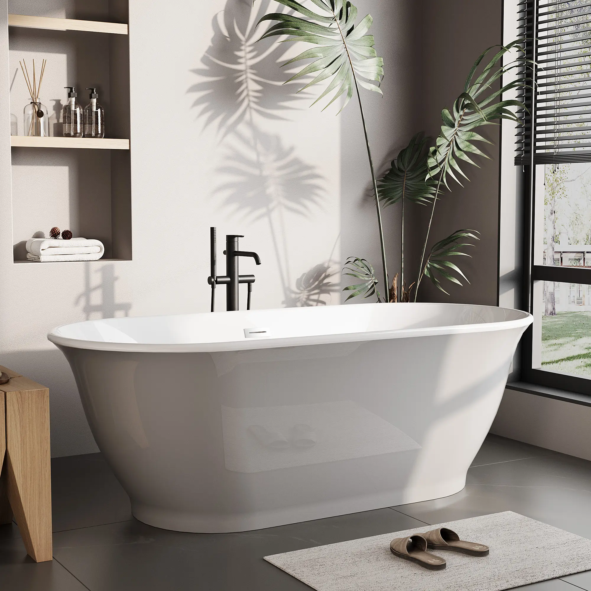 Acrylic Freestanding Bathtub – 67 Inch Deep Pearl Soaking Tub for Modern Bathrooms, White Interior with Black Exterior, Chrome Pop-Up Drain & Overflow, Contemporary Oval Bath