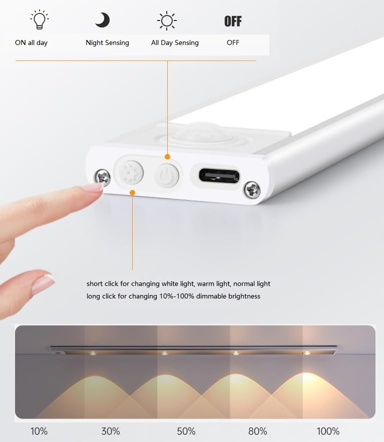 Motion Sensor LED Under Cabinet Light, USB Rechargeable LED Night Light with 3-color Temperature, Dimmable LED Wall Sconce for Indoor Kitchen Stair Modern Night Lights，Bedrooms & Wardrobes，2026 New Year's Gift