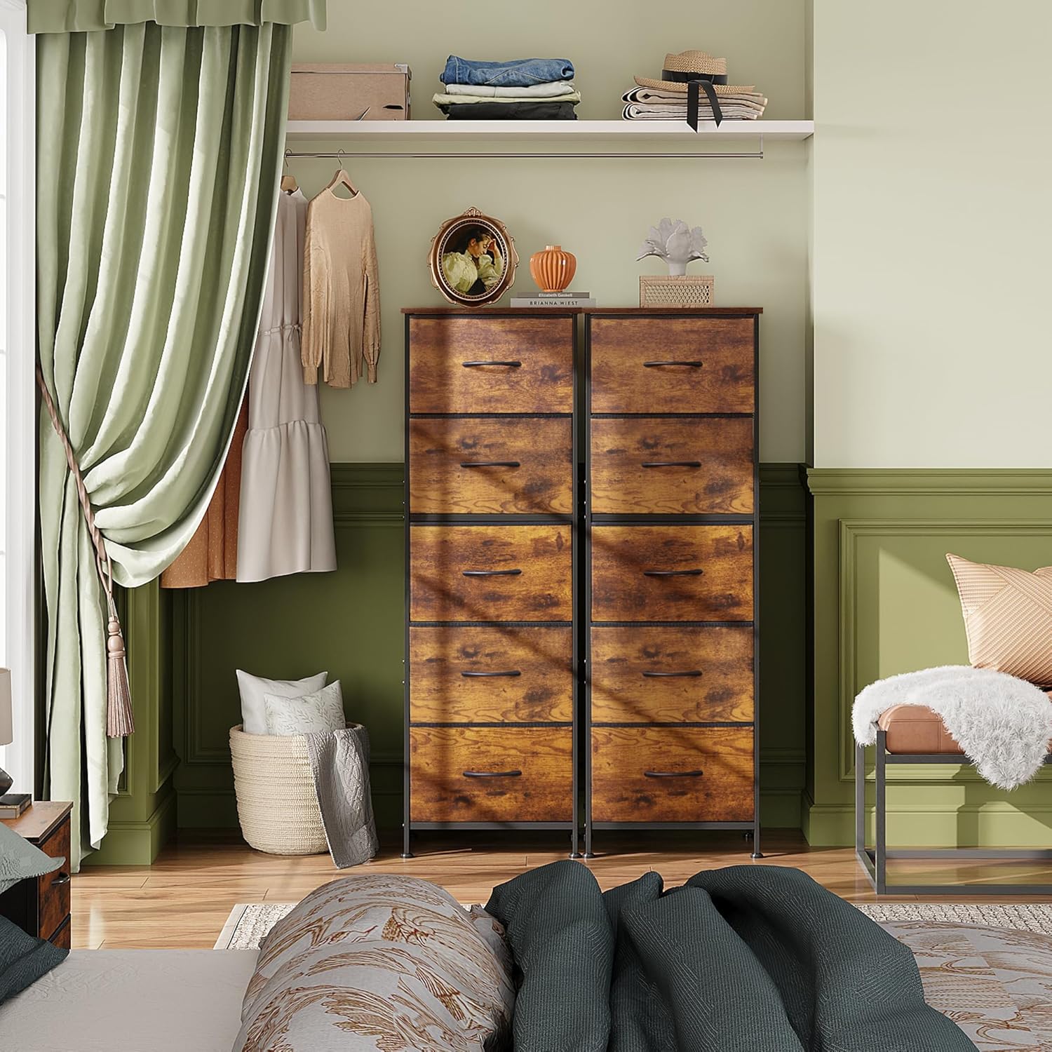 5 Drawer Fabric Dresser Tall Storage Tower with Wood Top Sturdy Metal Frame Large Capacity Chest of Drawers for Bedroom Closet or Hallway Available in Multiple Colors