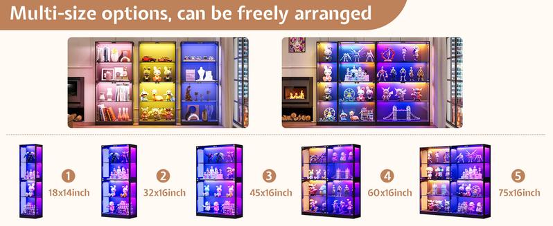 VanAcc Display Cabinet with RGB Lights, 4-Tier Storage Display Case for Collectibles, Adjustable Shelves, MDF and Tempered Glass, Black