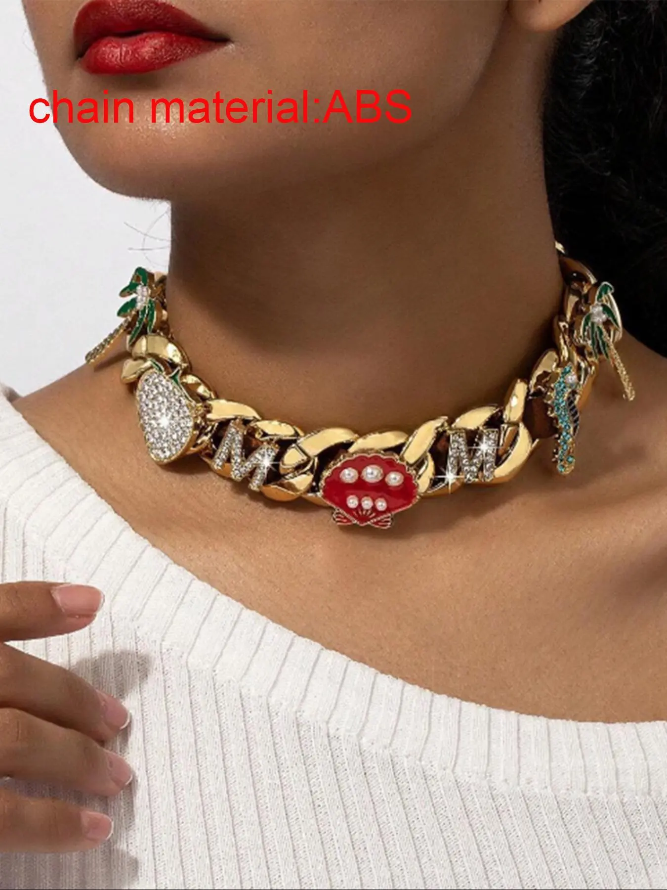 Fashion Letter & Heart Design Chunky Chain Necklace, Rhinestone Decor Cuban Necklace for Party, Daily Clothing Decor, Trendy All-match & Exquisite Jewelry for Gift