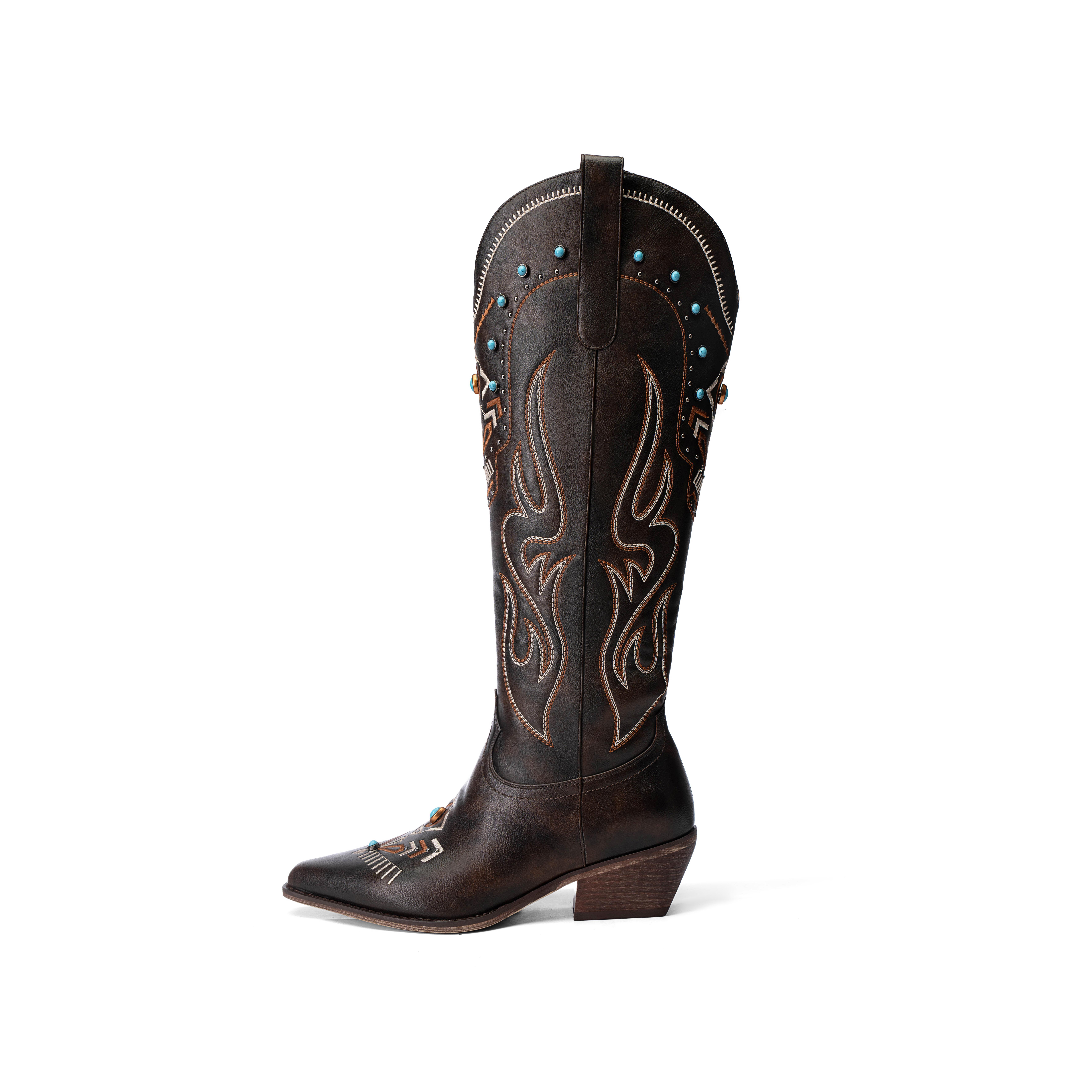 ReneChristine Women's Embroidery Western Cowboy Boots with Studs & Emerald Gemstones, Knee High Wide Calf Cowgirl Boots for Gatherings Weekend Hangouts Black Leather fur boots knee high boots boots for fall thigh high boots brown boots cowgirl boots Sprin