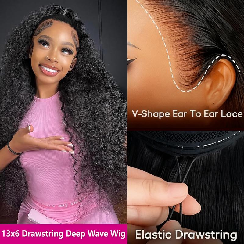【Drawstring Wigs】Bling Hair 13x6 Glueless Lace Frontal Wigs Pre Cut Lace Ear to Ear HD Transparent Lace Skin Melted Brazilian Body Wave/Deep Wave Human Hair Wigs 180% Density Glueless Ready to Wear Wigs For Women