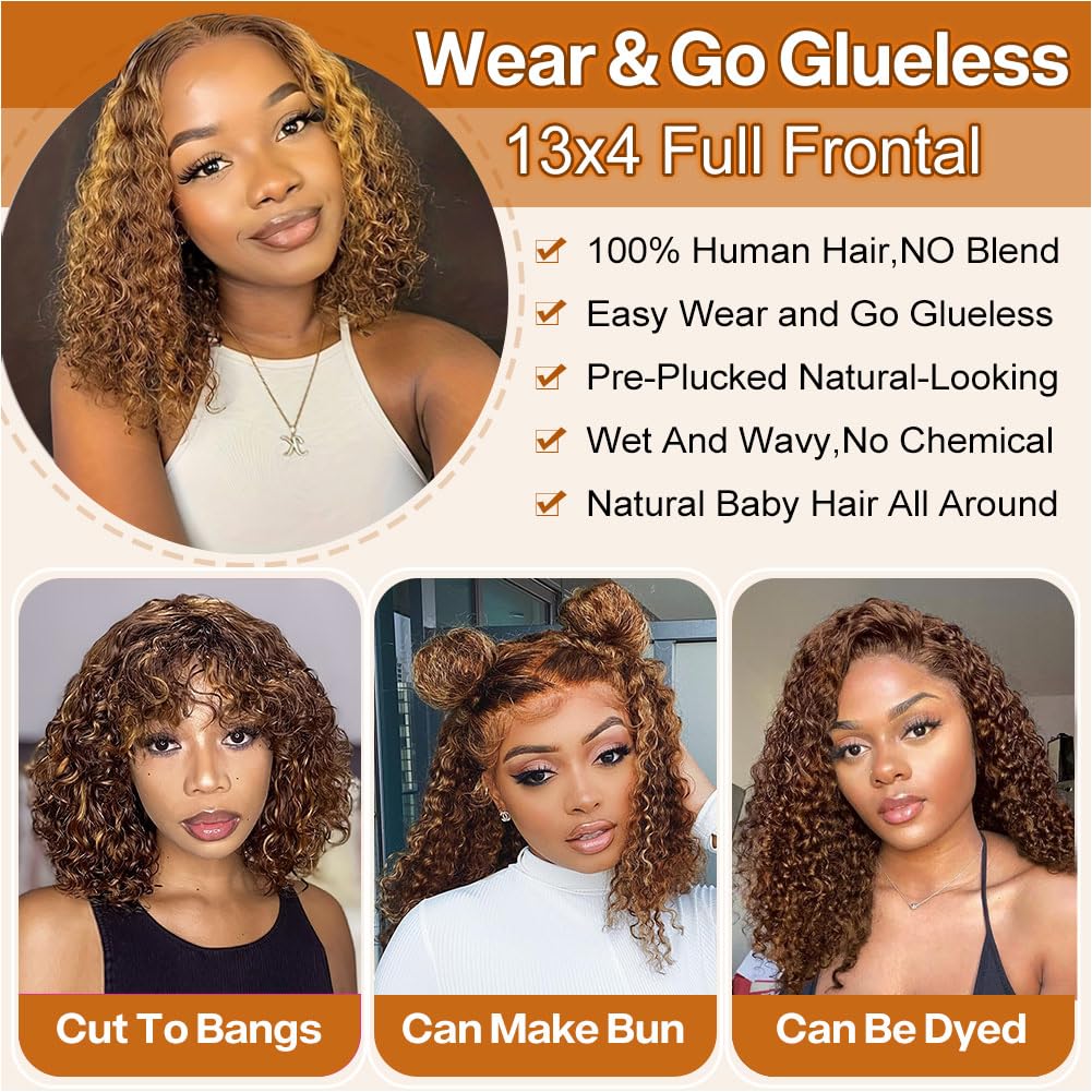 14 Inch Highlight Curly Bob Wig Human Hair Glueless Wigs for Black Women P4/27 Shoulder Length Curly Human Hair Wig Ombre Honey Blonde Lace Front Wigs C Part Natural Hairline