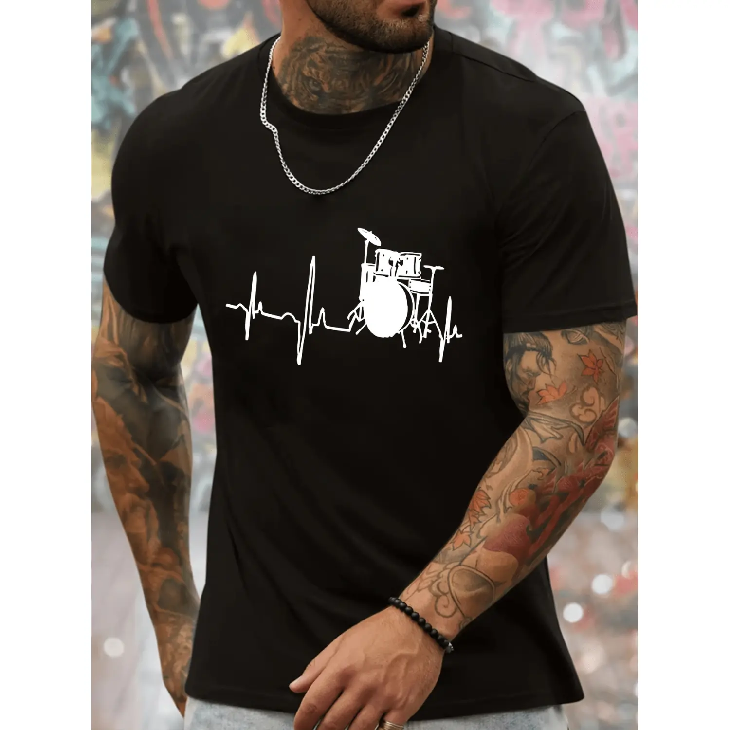 Stylish Drummer Graphic T-Shirt For Men Comfortable Stretchy Summer Casual Wear Trendy Tees Perfect Gift Idea In Black