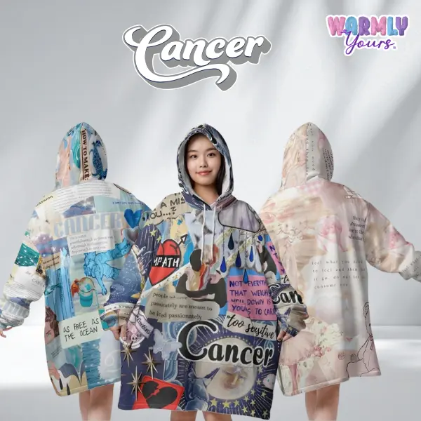 Moonlit Cancer Cozy – Oversized Zodiac Sherpa Collage Hoodie Blanket | Astrology Wearable fluffy Blankets for Women, Men, Teens & Kids | Cozy comfort sweatshirt sweater Loungewear, Plus size sleepwear, Birthday Gifts, Christmas Gifts, Zodiac Gifts, wrap