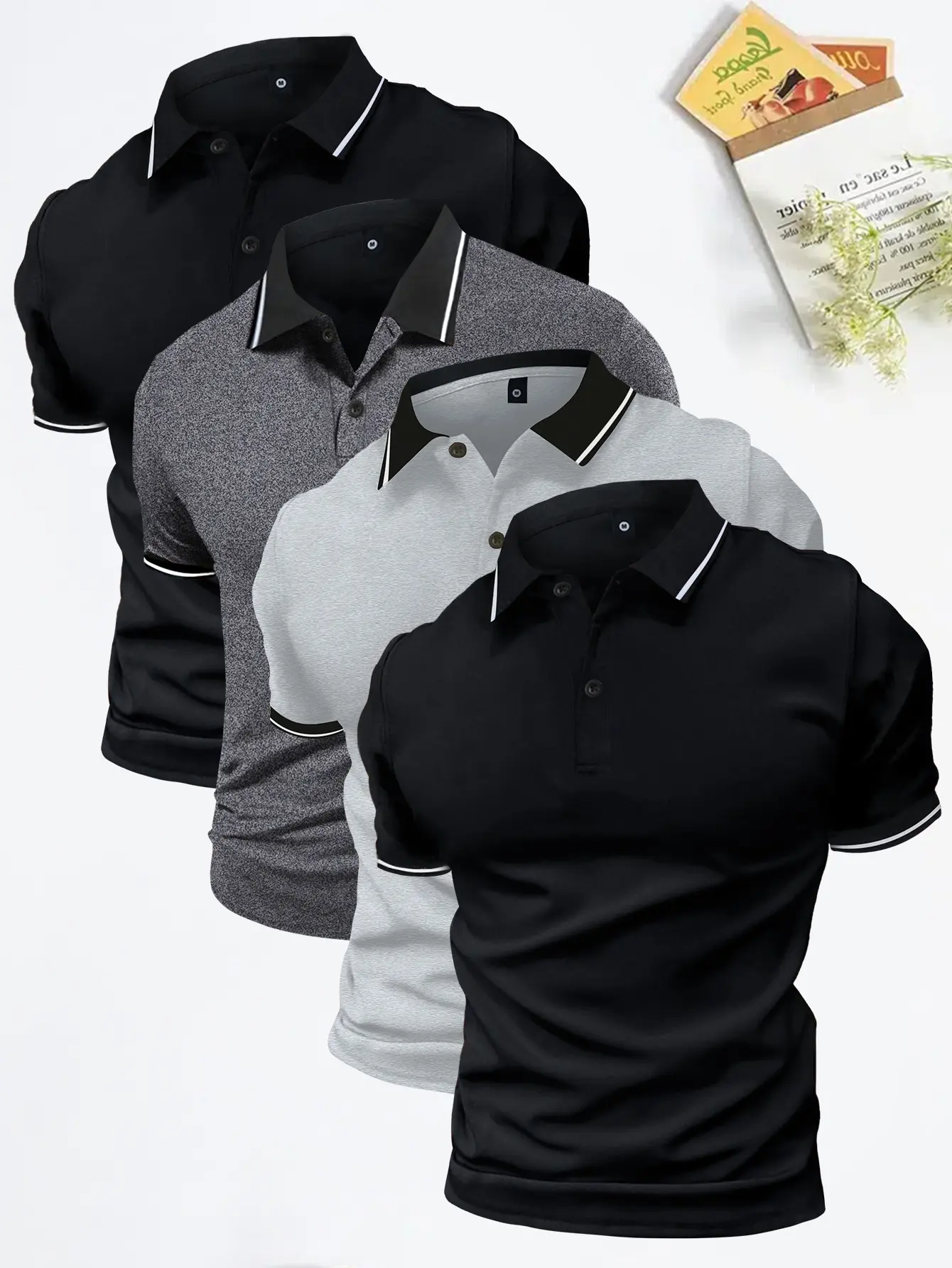 Men’s 4-piece premium polo shirt set — buttoned collar, slightly stretchy fabric; suitable for summer office dress shirts (short sleeves); men’s tropical stretch polyester single-layer fashion basic item. The perfect summer gift for your husband or boyfri