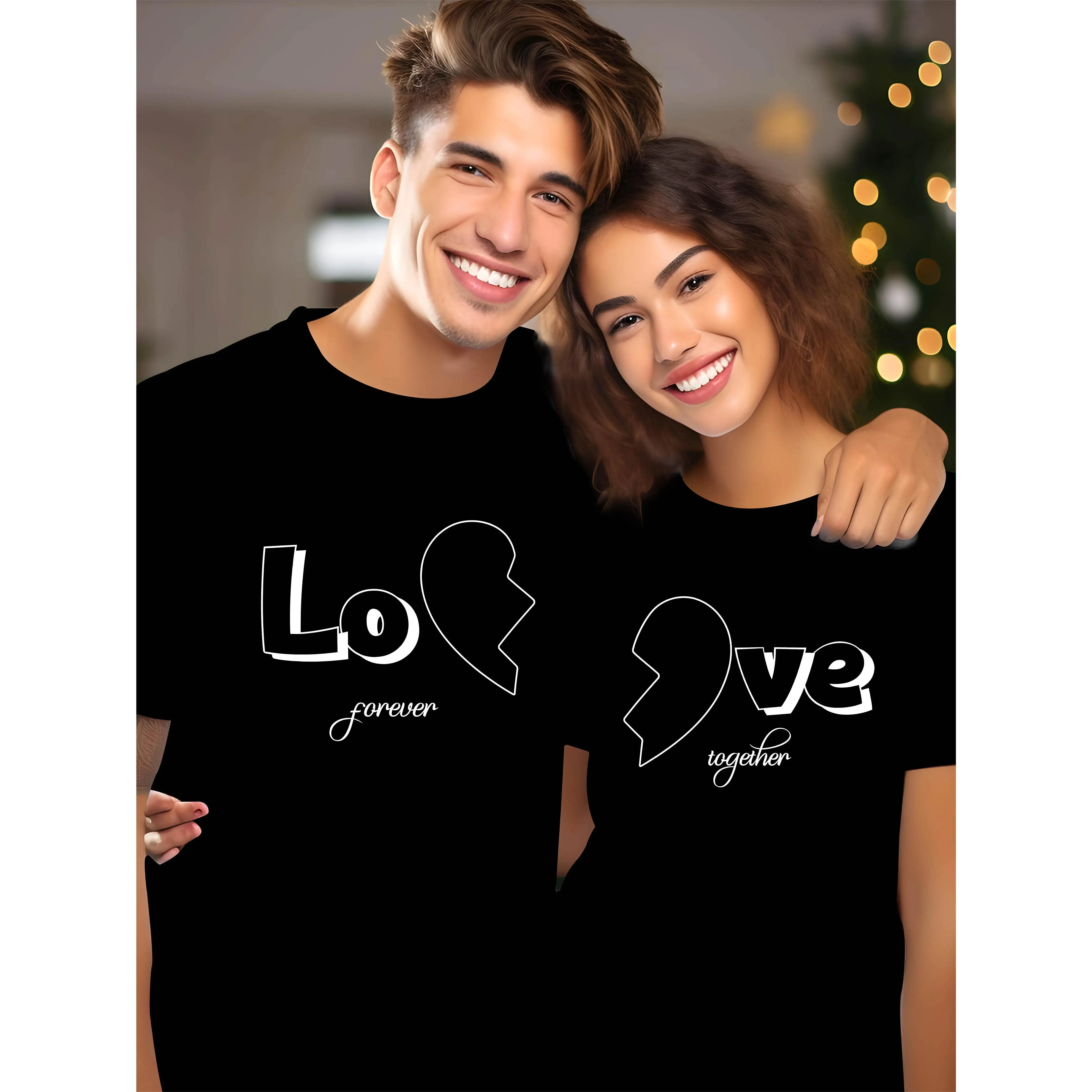 [casual classic graphic tee]Love Forever Heart Print Menswear Top,  Couple Style Crewneck Tshirt, Casual Valentine's Gift Tee, Elegant Beige Streetwear Look Breathable Womenswear Clothes Day Everyday Soft Suits Thick| trendy shirt