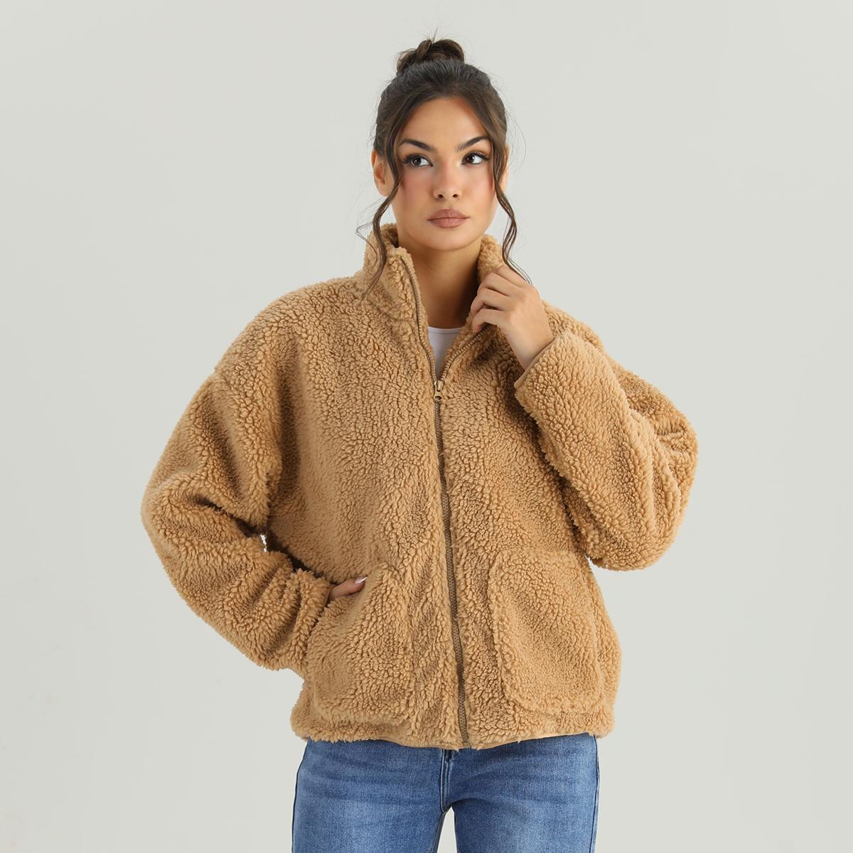 KatchMe Women's Cozy Mock Neck Side Pocket Zipper Fluffy Long Sleeve Outerwear, Versatile Faux Fur Fleece Coat for Fall & Winter, Comfort Solid Color Outfit（2）