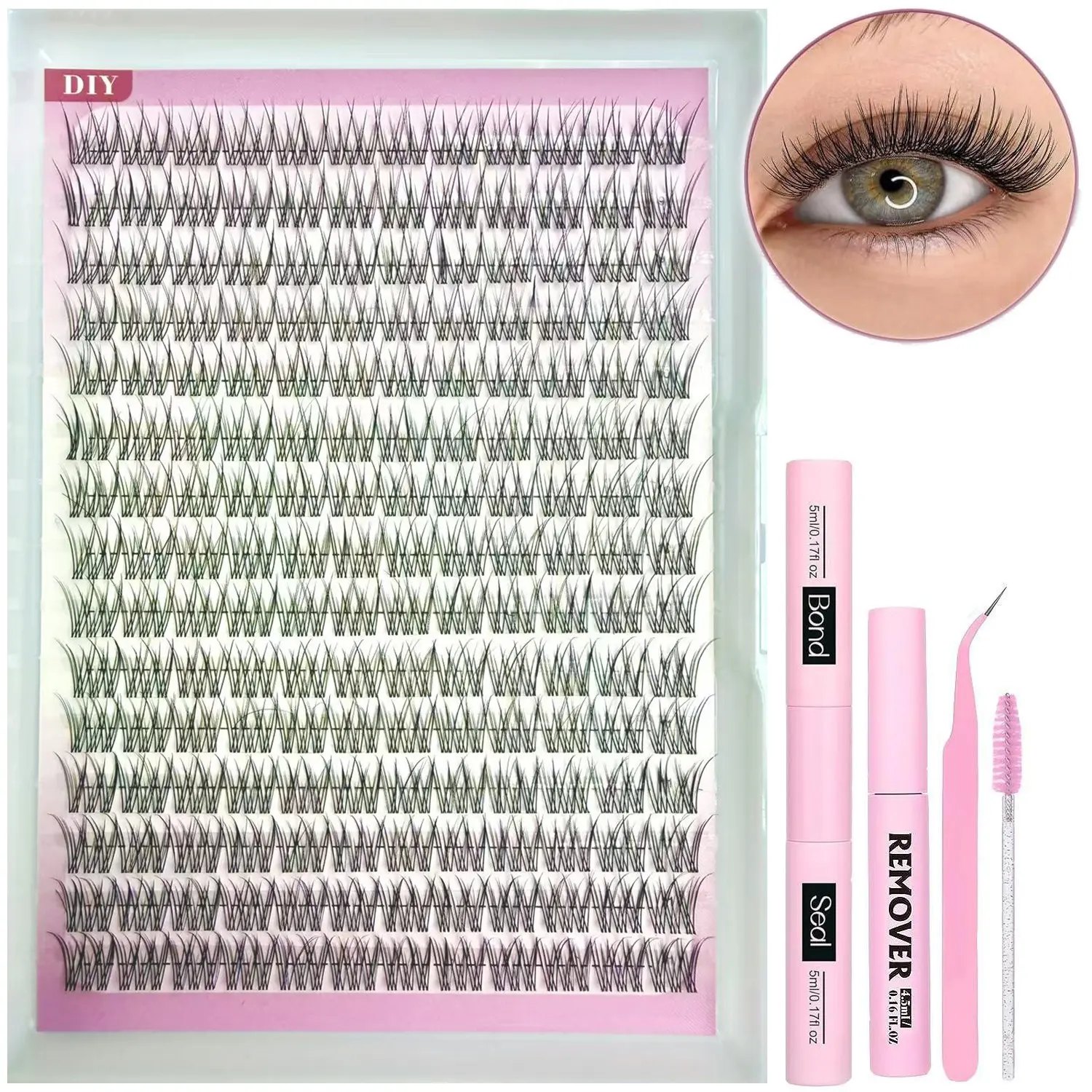 Natural Eyelash Extension Kit, Fine 9–11 mm Cluster Lashes, 180pcs/set Lash Clusters with Glue, Remover, Tweezers, Brush and Applicator, DIY for At-Home, Makeup Lashes, Eyelash Clusters Extensions, Eyelashes Extensions Kit
