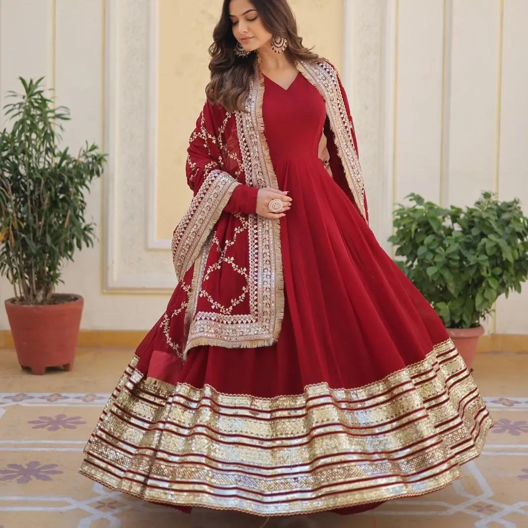 2 piece, Premium Designer, Embroidered Gown with Dupatta (Maroon)