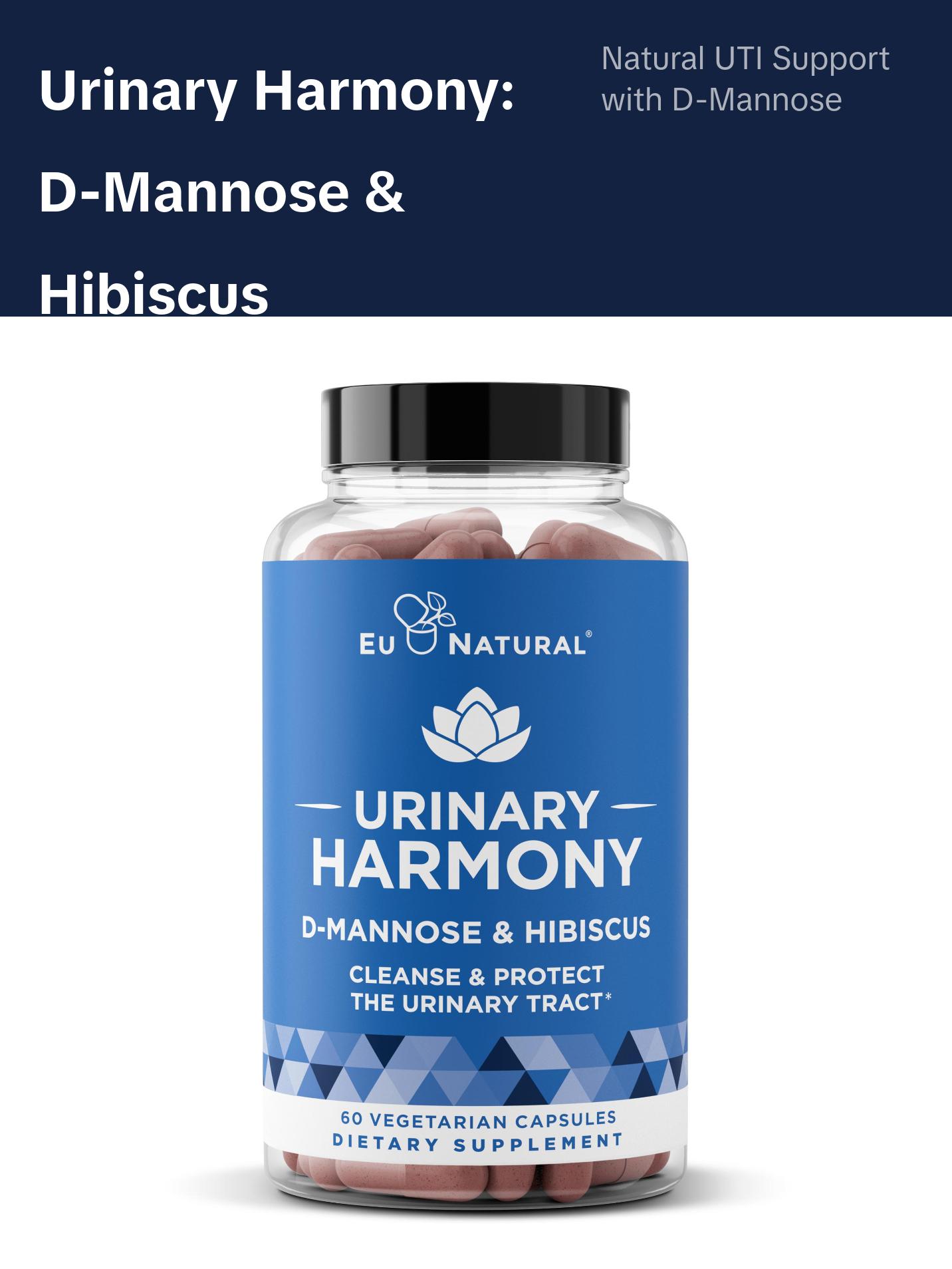 Eu Natural Urinary Harmony - D-Mannose & Hibiscus - 60 Vegetarian Capsules - Natural Urinary Tract UTI Cleanse & Protection - Urinary Health Support Supplement