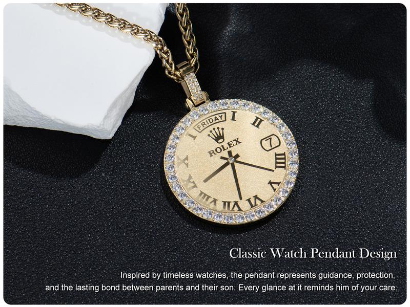 Holylegend 14K Real Gold Plated Watch Pendant Necklace with “To My Son” Engraving, CZ Accented Classic Timepiece Design, Meaningful Gift from Parents to Son