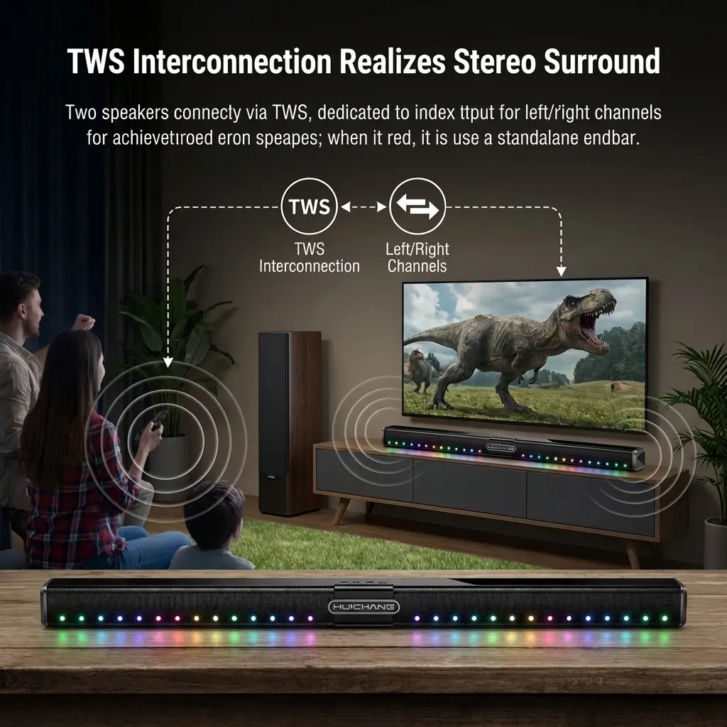 Huichang Bluetooth Audio Speaker - 34.6-in Slim Piano Black Soundbar with 10 Drivers, RGB Built-in Lighting, Bluetooth 5.3, 9D Surround Sound, Auxiliary/USB/Coaxial Inputs, 5V Compatibility, Ideal for TVs, Home Theater, Music Lovers Gifts