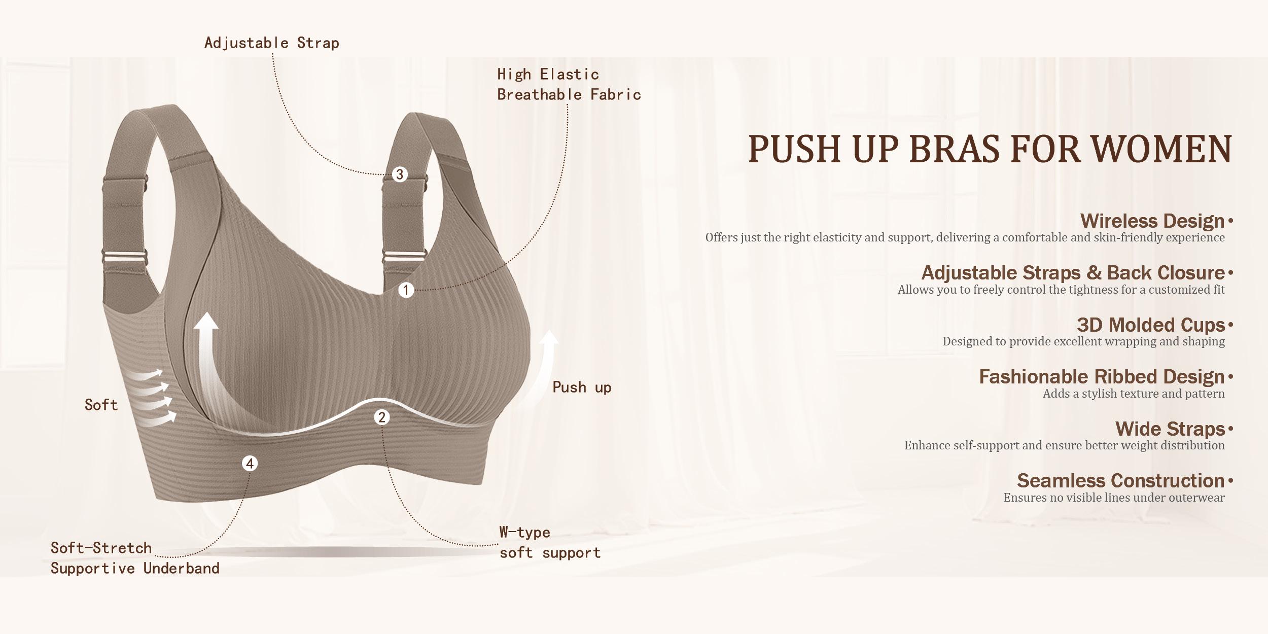 FZ 2/4PCS EssElegance Women's Solid Wireless Bra, Comfortable Breathable Push Up Bra, Softness Lightweight Lingerie for All Seasons SpringStatements