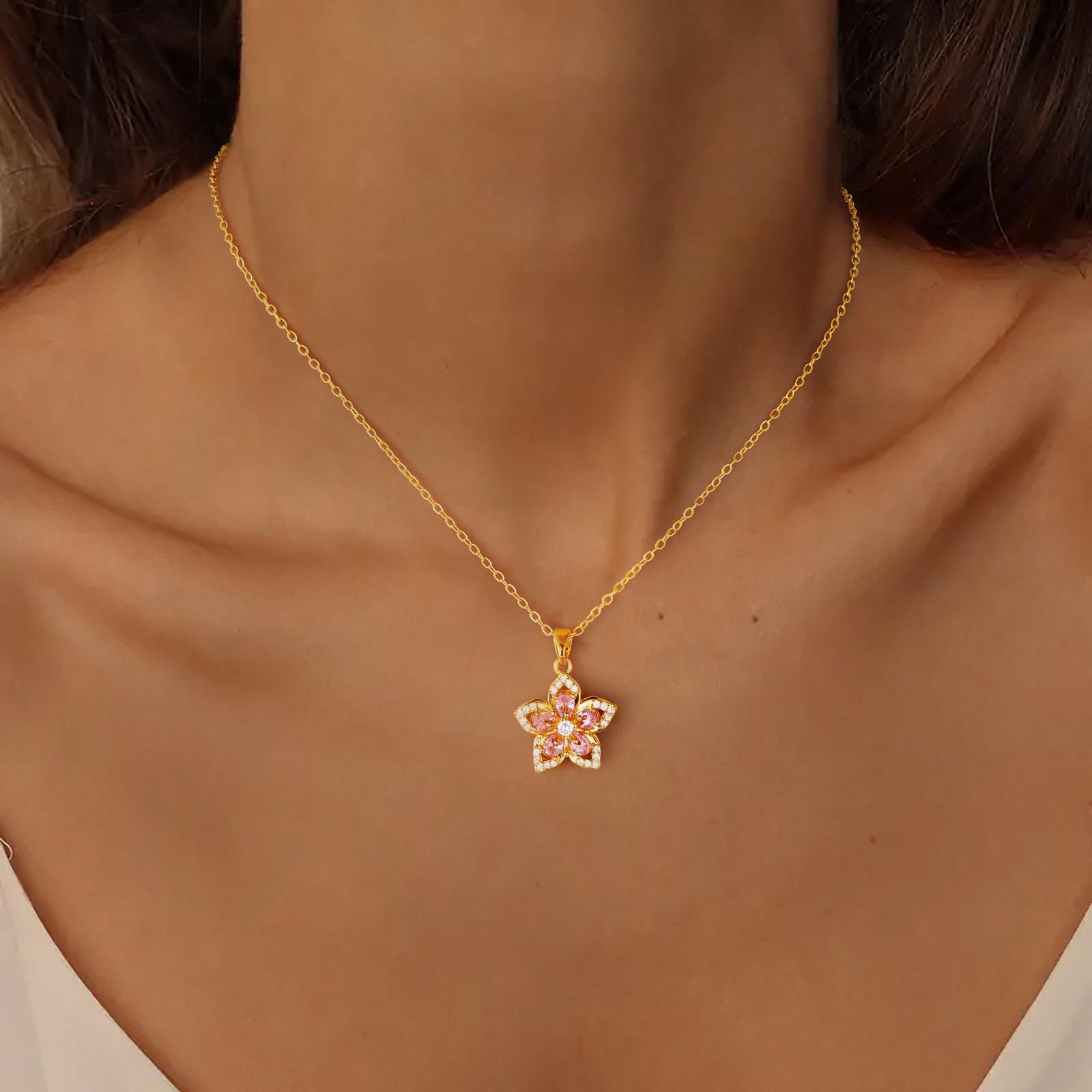 Rotatable Flower Pendant Necklace for Women, Summer Rhinestone Charm, Perfect for Daily Wear & Parties