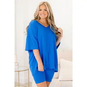 Women's 2-Piece Basic Day Clothes Set, Ocean Blue - Spandex Fabric Breathable V-Neck Tee & Elastic Waist Bike Short for Stylish Wear