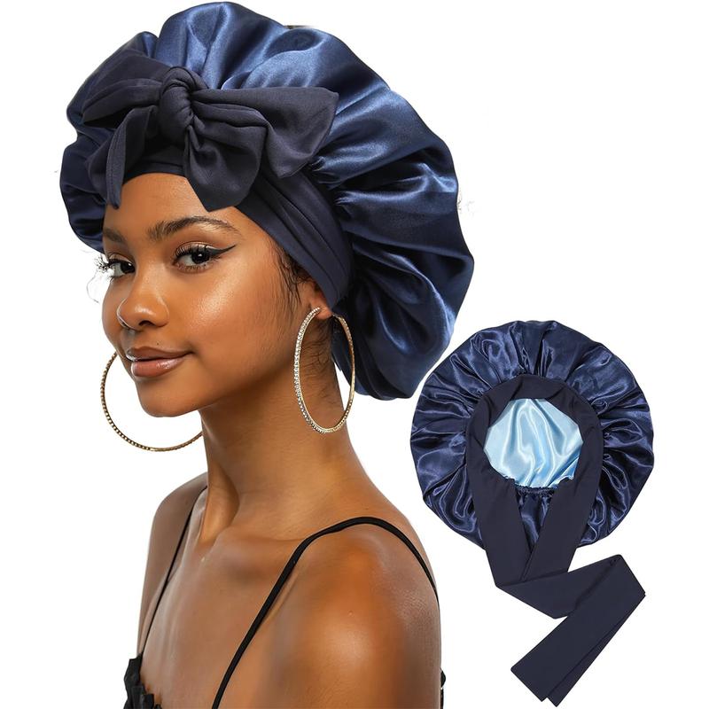 Large Double Layer Solid Satin Bonnets Silk Like Texture for Sleeping Cap with Elastic Band Reversible for Curly Hair Bonnets Gifts for Women