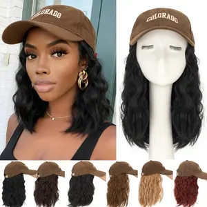 8inch Brown Hat Wigs Bob Hair With Baseball Cap Synthetic Short Wave Wavy Curly Hair Extensions For Women Cap Wig Black Brown Blonde Hair