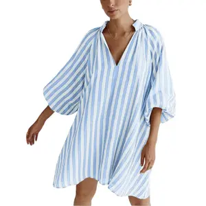 CHARTOU Women Mini Dress Summer Striped Beach Vacation  3/4 Sleeve Boho Chic Outfits Tunic Shift Dress
