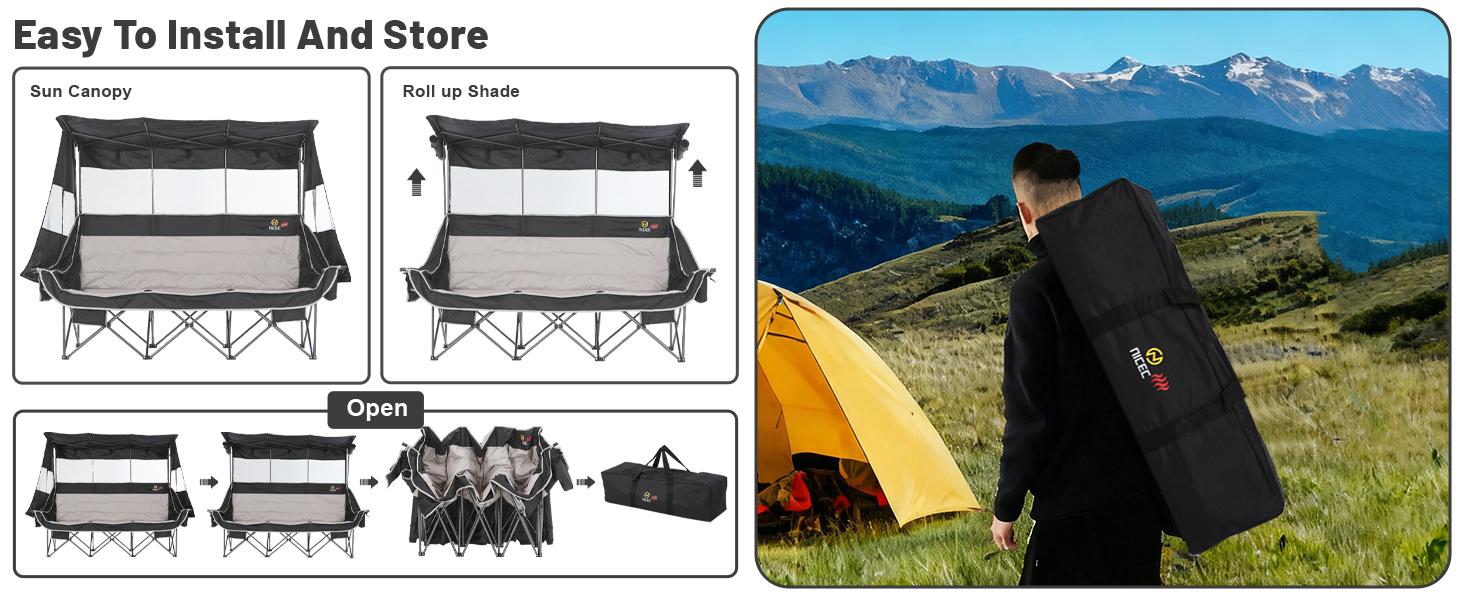 Outdoor Heated 3-Person Camping Chair with Canopy — Heated 2-Person Camping Chair, Oversized Padded Portable Sports Chair with Shade, Cup Holder & Cooler Bag, Suitable for Lawn & Outdoors