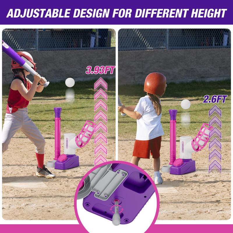 T-ball Set for Toddlers 3-5 Tee Ball Set with Step on Pitching Machine Adjustable Batting Tee Retractable Baseball Bat 8 Pop Up Balls Outdoor Sport Toy Games for Kids Girls