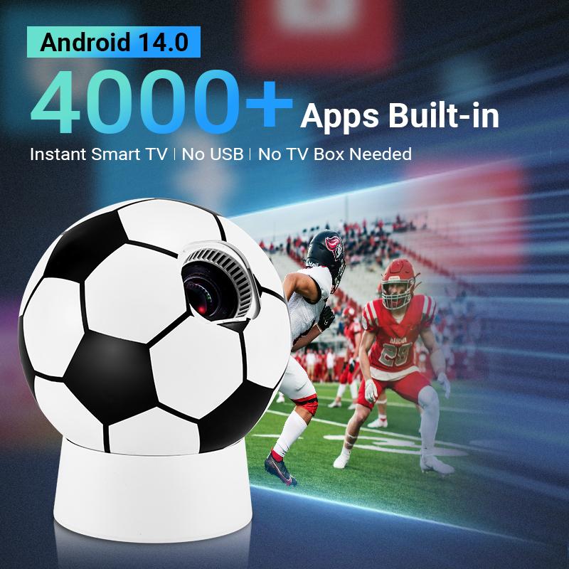 World Cup Soccer-Shaped Projector, Native 1080P Android 13 Smart Projector, 4K Support, 360° Rotation, Auto Keystone & Focus, WiFi 6, BT5.4, Portable Mini Projector for Home Theater, Outdoor Movies & Gaming