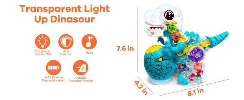Electric T-Rex Roaring Dinosaur Toys, Music Toys with LED Lights & Moving Wheels, Transparent Stem Sensory Gear Car Toys for Kids Entertainment, Gift for Boys Girls Birthday Party Christmas