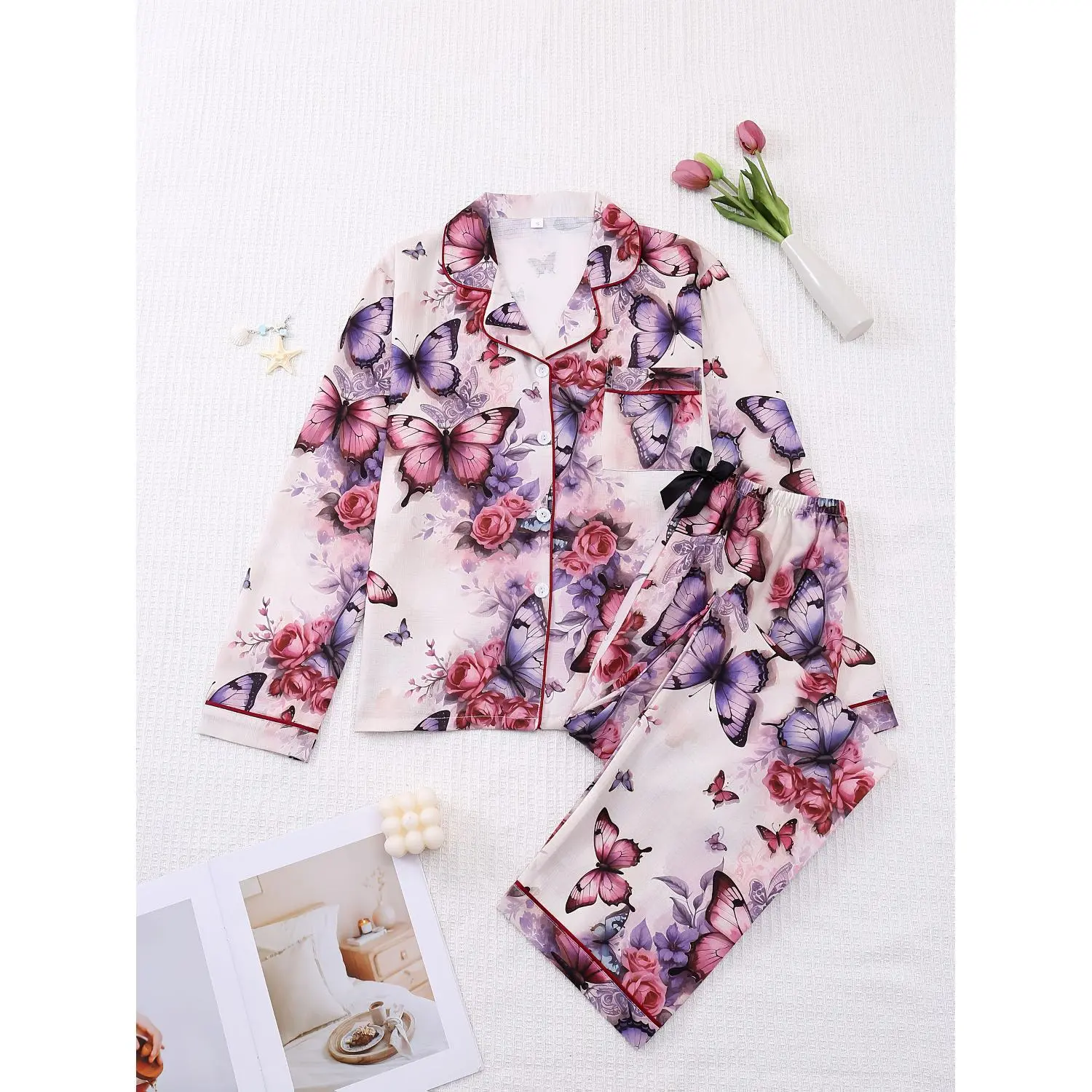 Multi-Color Butterfly and Rose Print Women's Pajama Set – Long Sleeve Top with Button Detail & Elastic Waist Pants, Cozy Autumn/Winter Loungewear