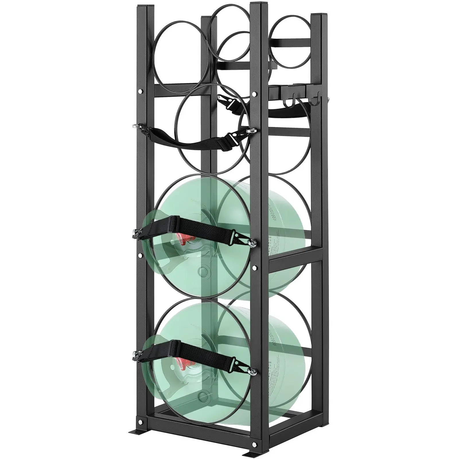 Sturdy Heavy-Duty Vertical Refrigerant Cylinder Organiser Rack - 2 × 30 lbs Tanks, 3 Small Bottle Holders, 12.79x12.99x36.53 Inch (325x330x928 mm) Steel Storage for Freon, Industrial Gases
