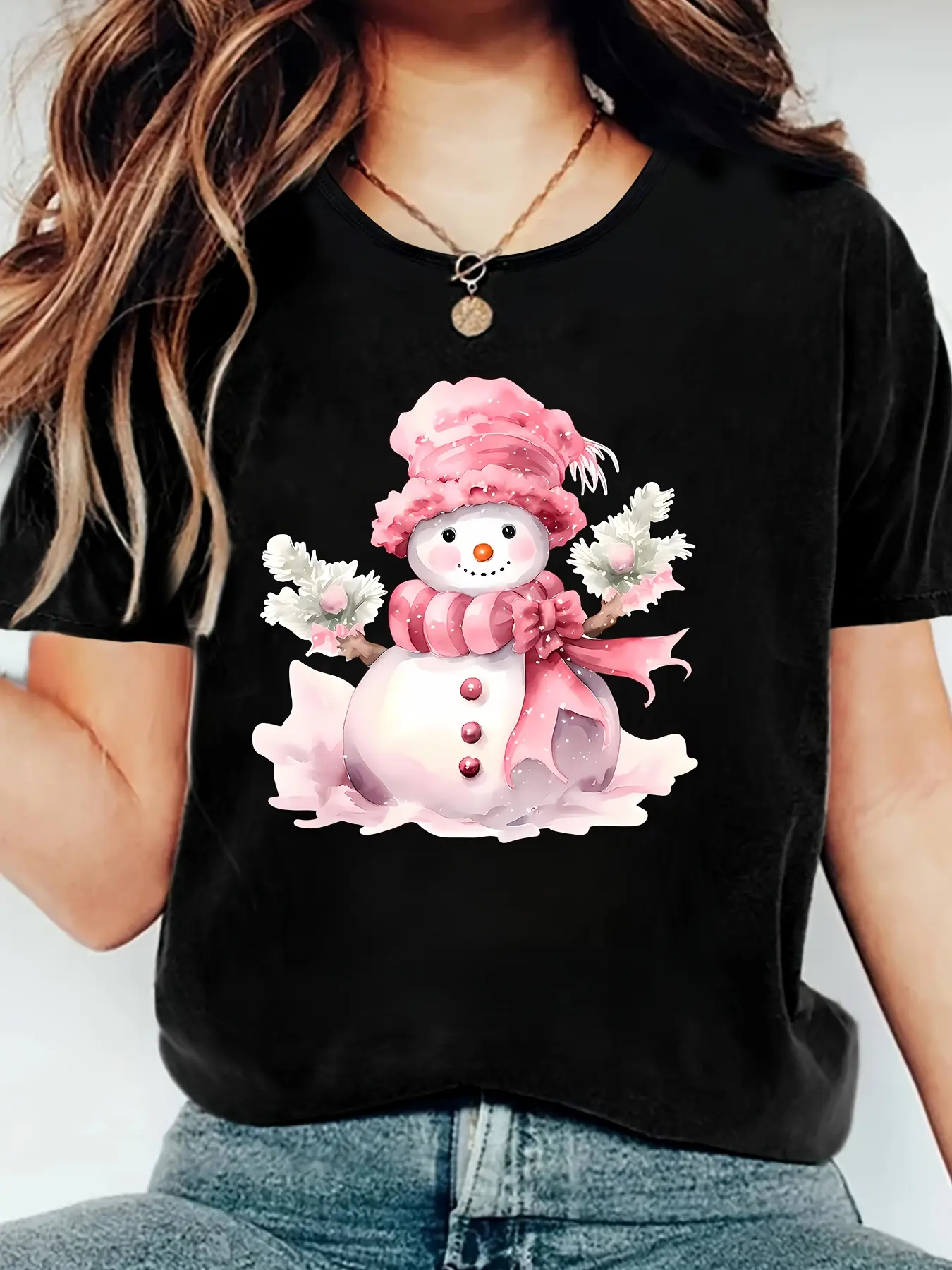 Women's Snowman Print T-Shirt in Soft 100% Cotton Fabric, Casual Round Neck Short Sleeve Graphic Top for Winter Holidays, Shortsleeve, Lady, Tshirt, Machine Wash