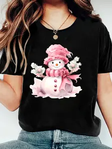 Women's Cute Snowman Print T-Shirt: Cotton casual summer crewneck short sleeve, cute snowman print for winter vibe, soft, machine washable, suitable for winter and holidays;
