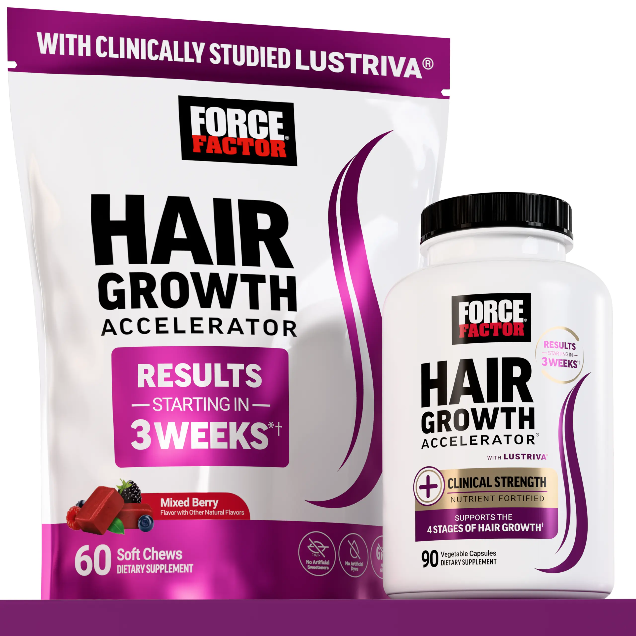 Force Factor Hair Growth Accelerator with Clinically Studied Lustriva to Promote Thicker, Stronger Hair, Biotin, Vitamin E & C, Mixed Berry, Soft Chew or Capsule