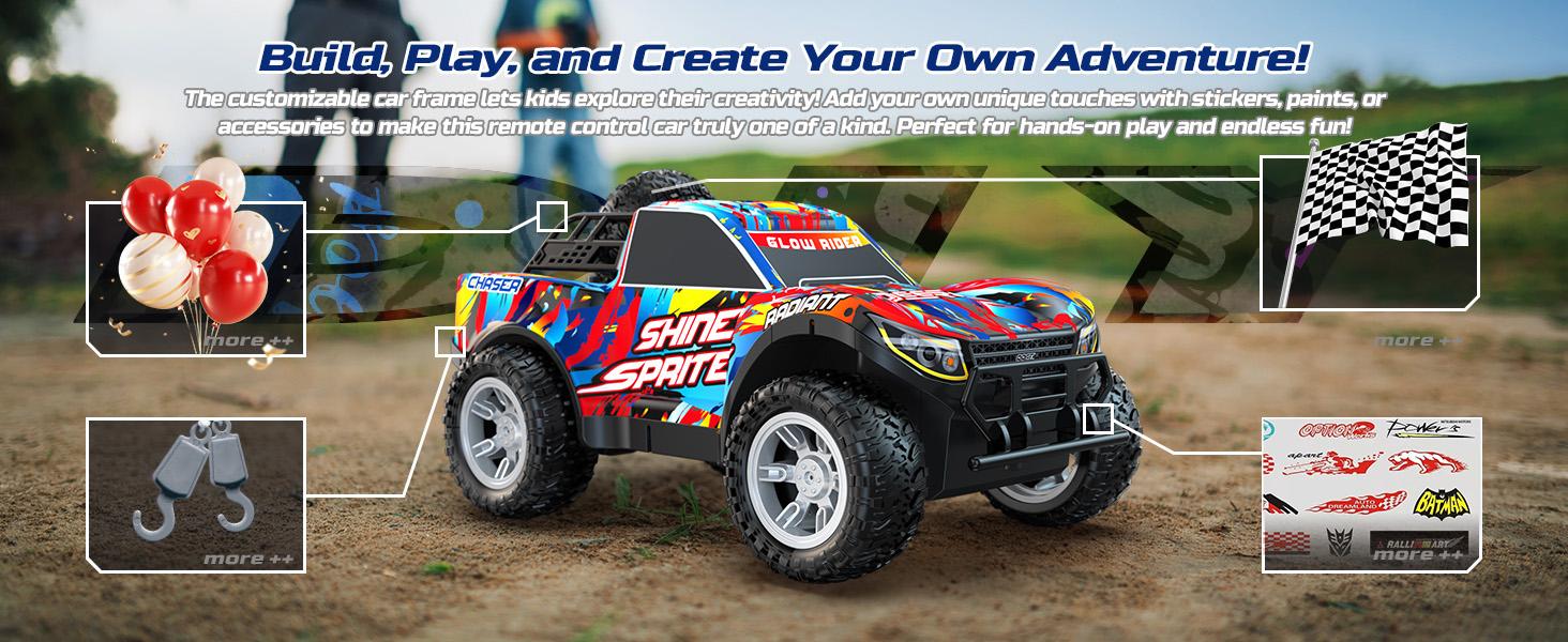 DEERC RC Monster Truck Gift, Remote Control Drift Car with Spray, Lights & Music, 2.4GHz All Terrain Stunt Truck with 40 Mins Playtime, 2 Batteries