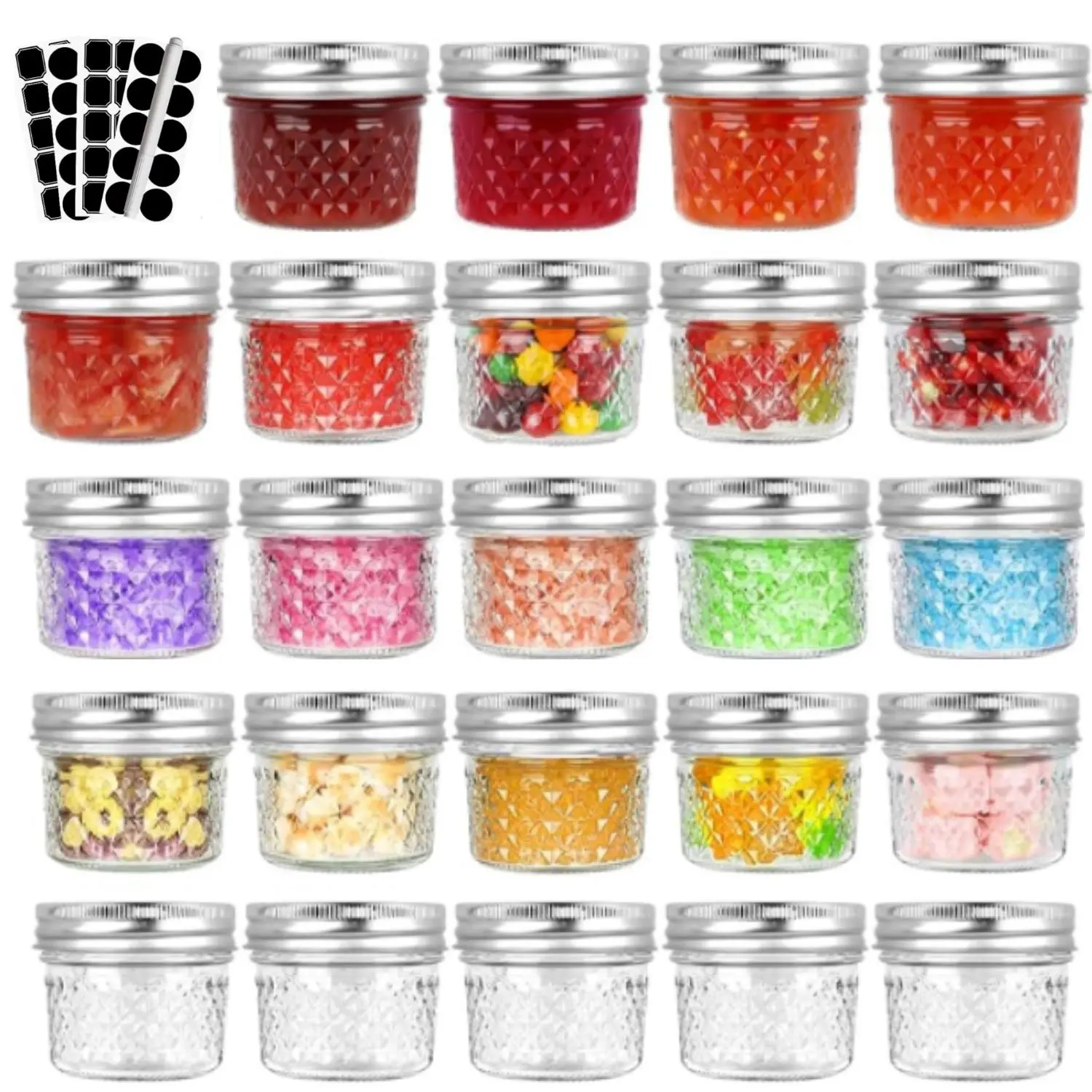 CycleMore 4oz Clear Mason Jars Small Glass Jar With Silver Separable Lids Mini Canning Jars for Honey Jam Jelly Wedding Favors Kitchen Food Storage Set of 24 - Tin, Bottles