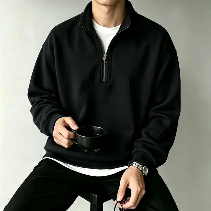 Men’s stand collar half-zip solid-color casual sweatshirt — fleece lining, loose fit, comfortable, stylish men’s top for autumn and winter; versatile for back-to-school, everyday wear, and any occasion.