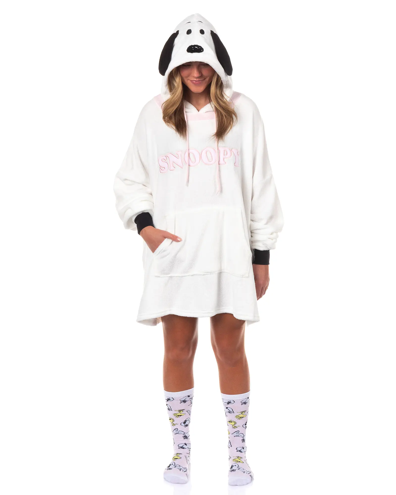 Peanuts Snoopy Pajamas Women's Pullover Hooded Adult Plush Dorm Sleep Shirt