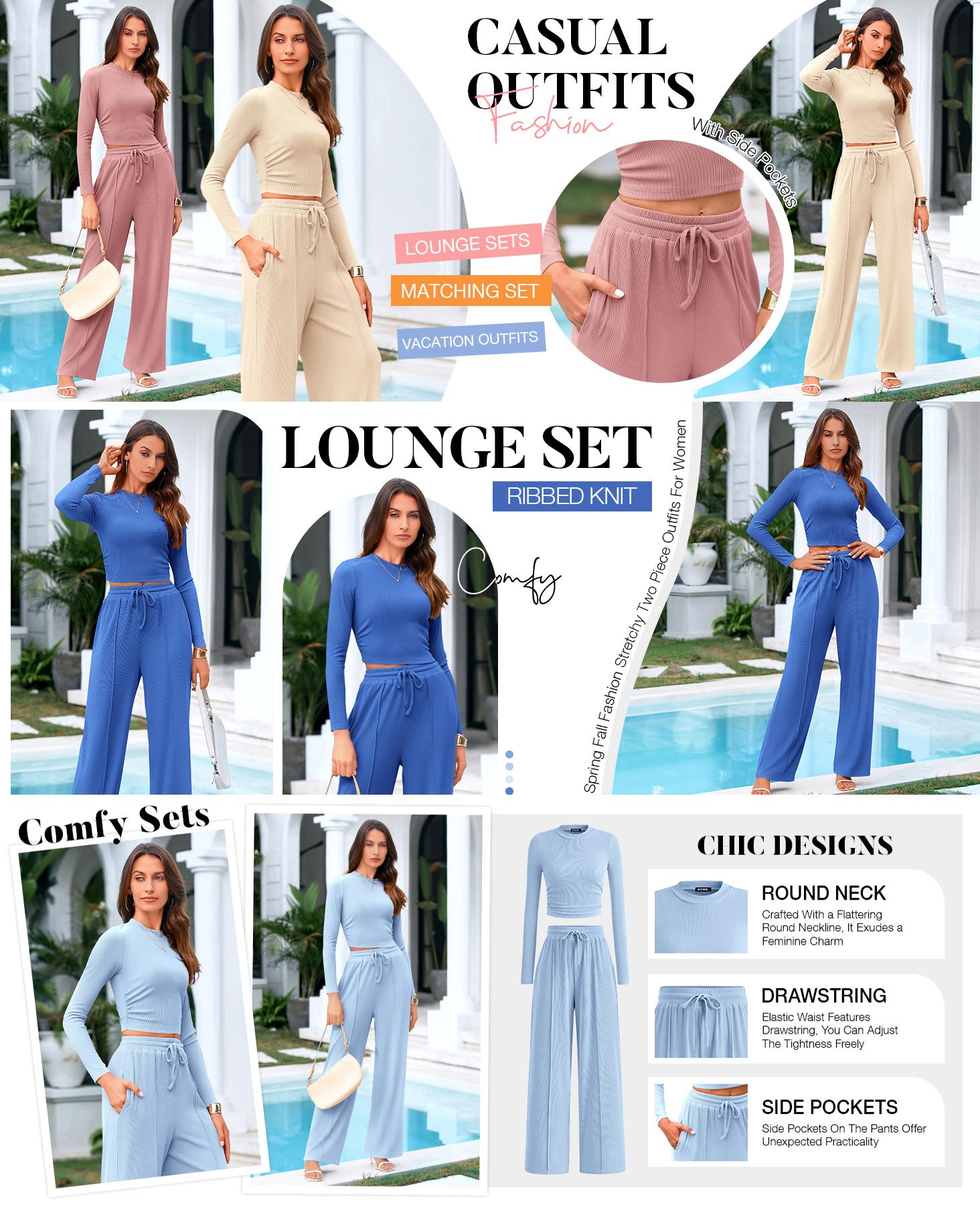 BTFBM 2-Piece Ribbed Knit Long Sleeve Crop Top Wide Leg Pants Matching Lounge Set Loungewear BTFBM 2-Piece Ribbed Knit Long Sleeve Crop Top Wide Leg Pants Matching Lounge Set Loungewear