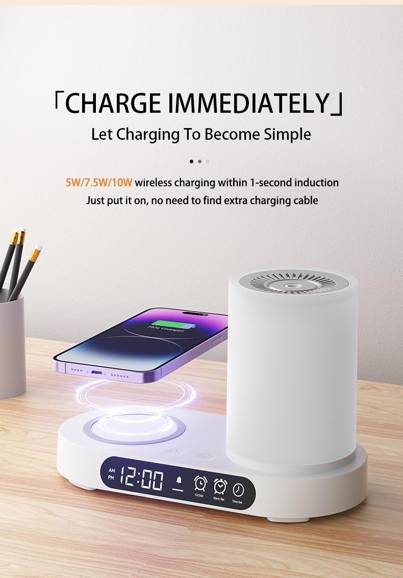 【CLEARANCE SALES】DOMEIU Multi-function automatic shut-off air humidifier bedroom chargers , aroma diffuser,  wireless charging, Bluetooth speaker. 7 color light, alarm clock,  Automated Aromatherapy .Limited-time flash sale products