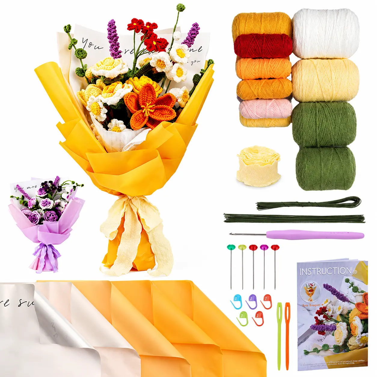 Beginner DIY Floral Bouquet Handcrafting Kit with Video Tutorial, Including Crocheted Yarns, Tools, Wrapping Paper & Ribbons, Easy Handmade Set, Ideal Gift for Valentine’s Day, Mother’s Day, Weddings