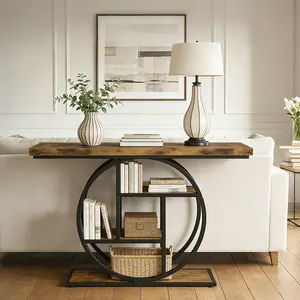 Console Table with Storage Shelves, Industrial Entryway Table with O-Shaped Metal Frame, Rustic Sofa Table for Hallway, Living Room Accent Table