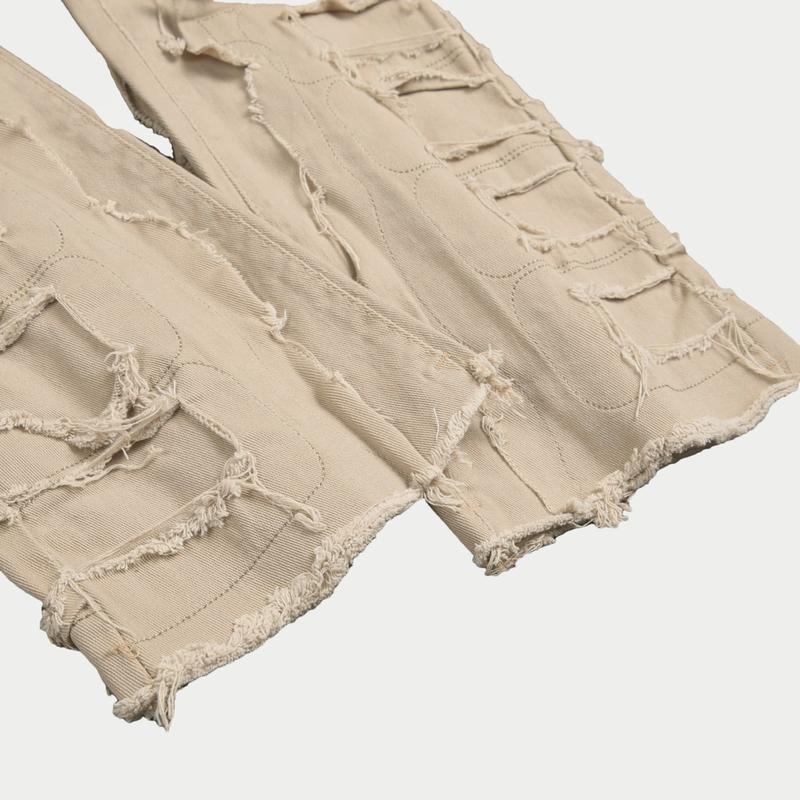 Men Stylish Vintage Khaki Stacked Spliced Slim Flared Jeans Pants Streetwear Hiphop Male Straight Biker Denim Trousers