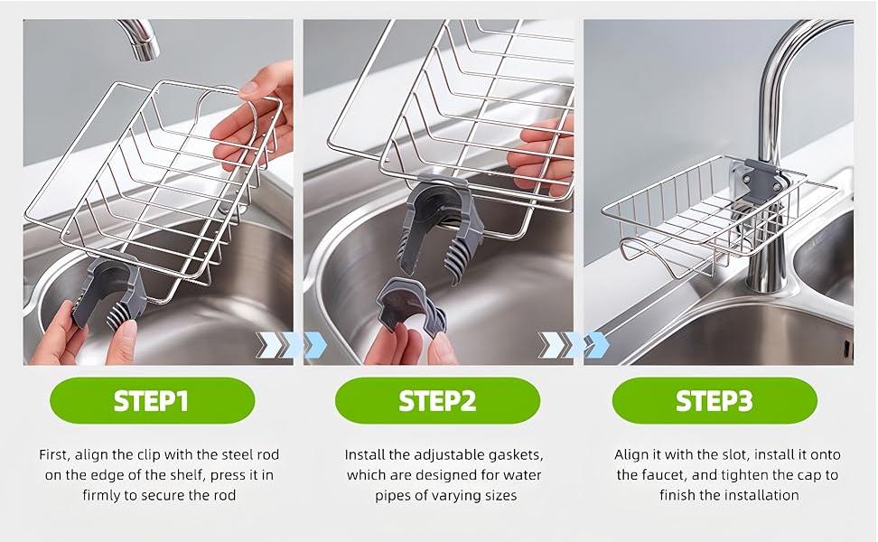 Stainless Steel Sponge Holder Over Faucet Kitchen Sink Organizer with 360 Degree Rotation Top Hook Design for Round Faucets 0.71-0.98 Inches Diameter prevents water dustproof home office dormitory bathroom