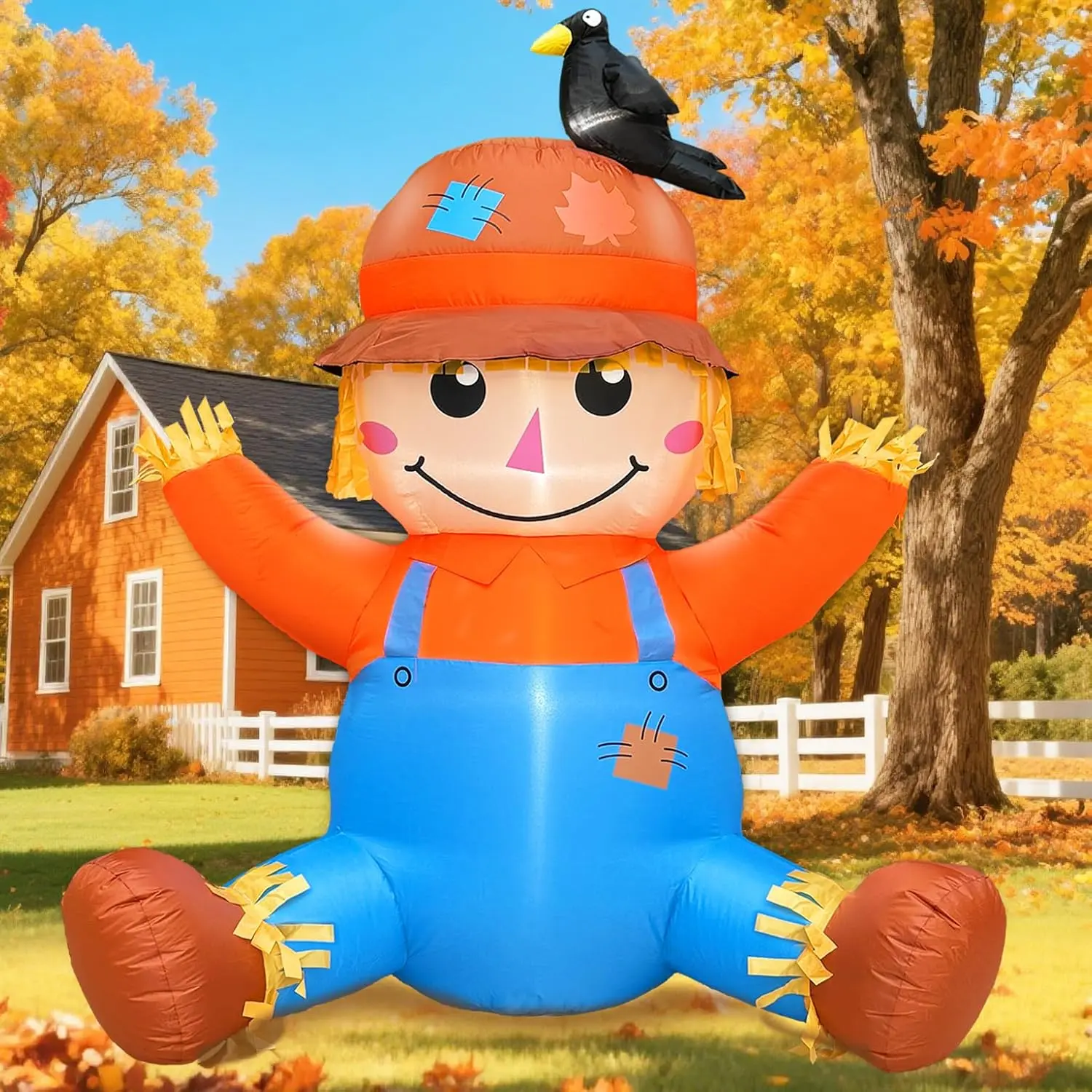 4 FT Fall Thanksgiving Inflatables Outdoor Decorations, Inflatable Scarecrow with Crow Blow Up Yard Decorations Built-in LED Halloween Fall Harvest Thanksgiving Decorations Outdoor Garden Lawn