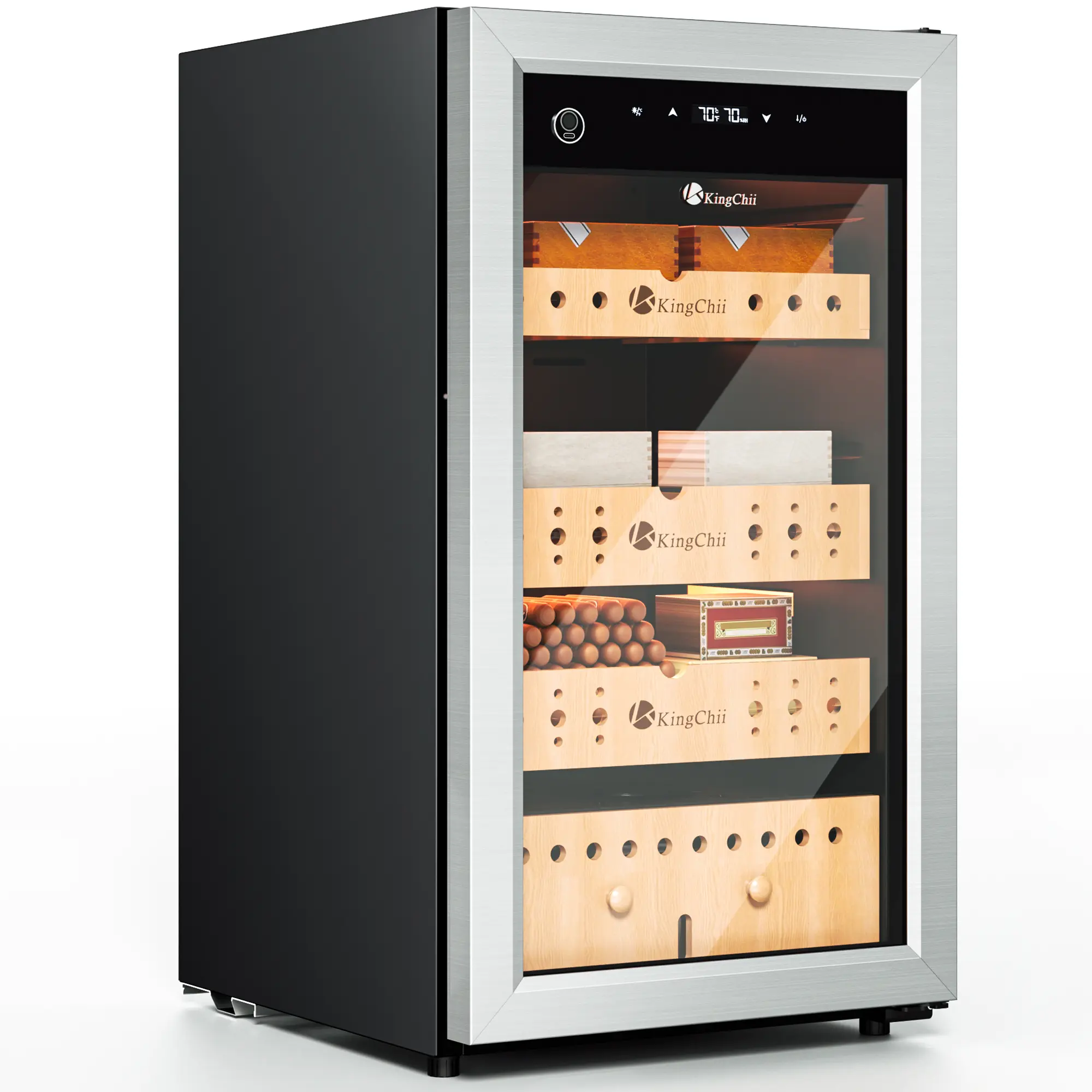 KingChii Upgrade 80L Electric Compression Cigar Humidor, Temperature & Humidity Control Cabinet, Built-in Humidification System with Spanish Cedar Wood Shelves & Drawer Hygrometer - 600 Capacity