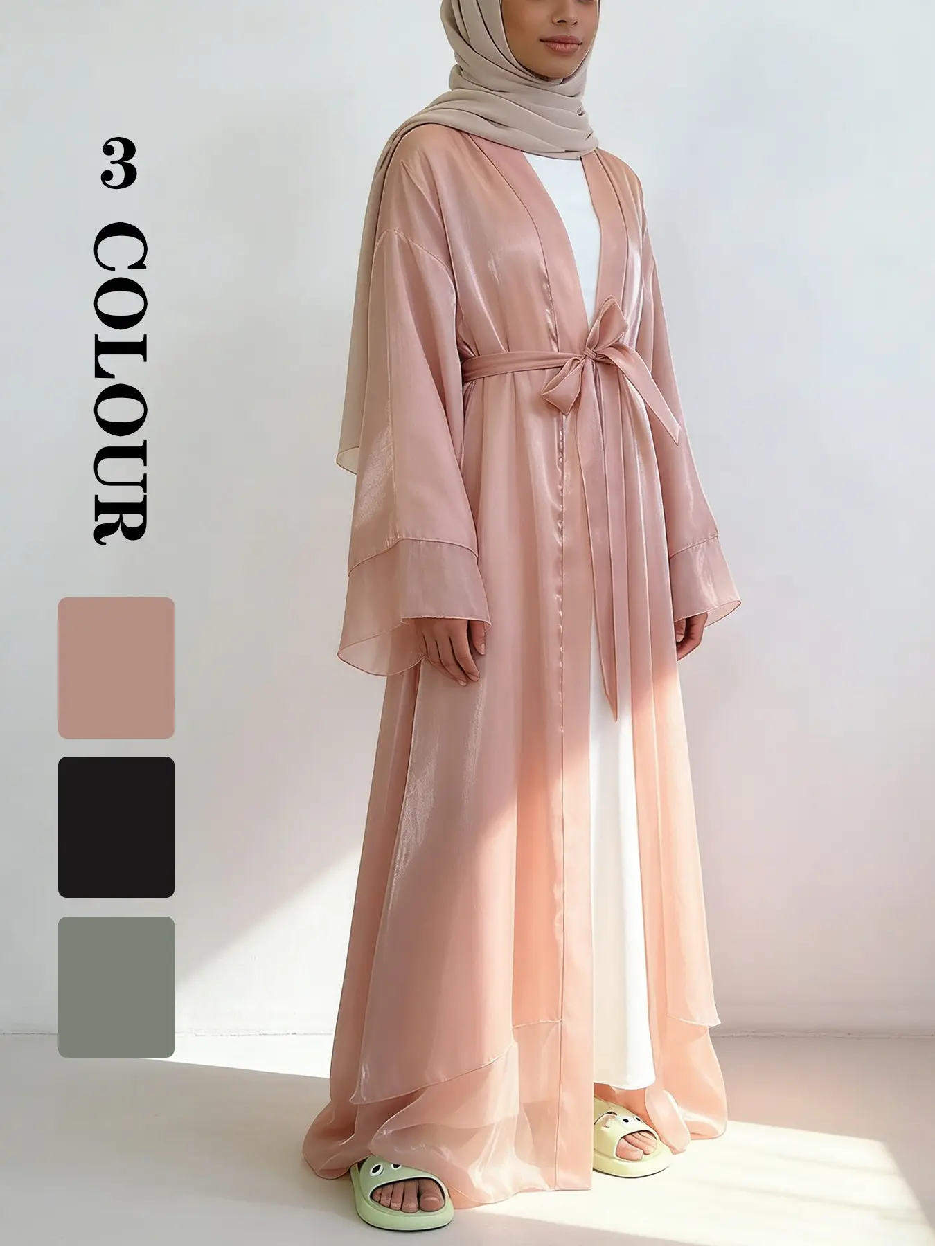 Women's Solid Satin Abaya without Inner Dress, Modest Long Sleeve Tie Front Abaya, Ladies Islamic Clothing for Spring & Fall, Open Front Abaya, Islamic Modesty Clothes, Modesty Abaya For Muslim