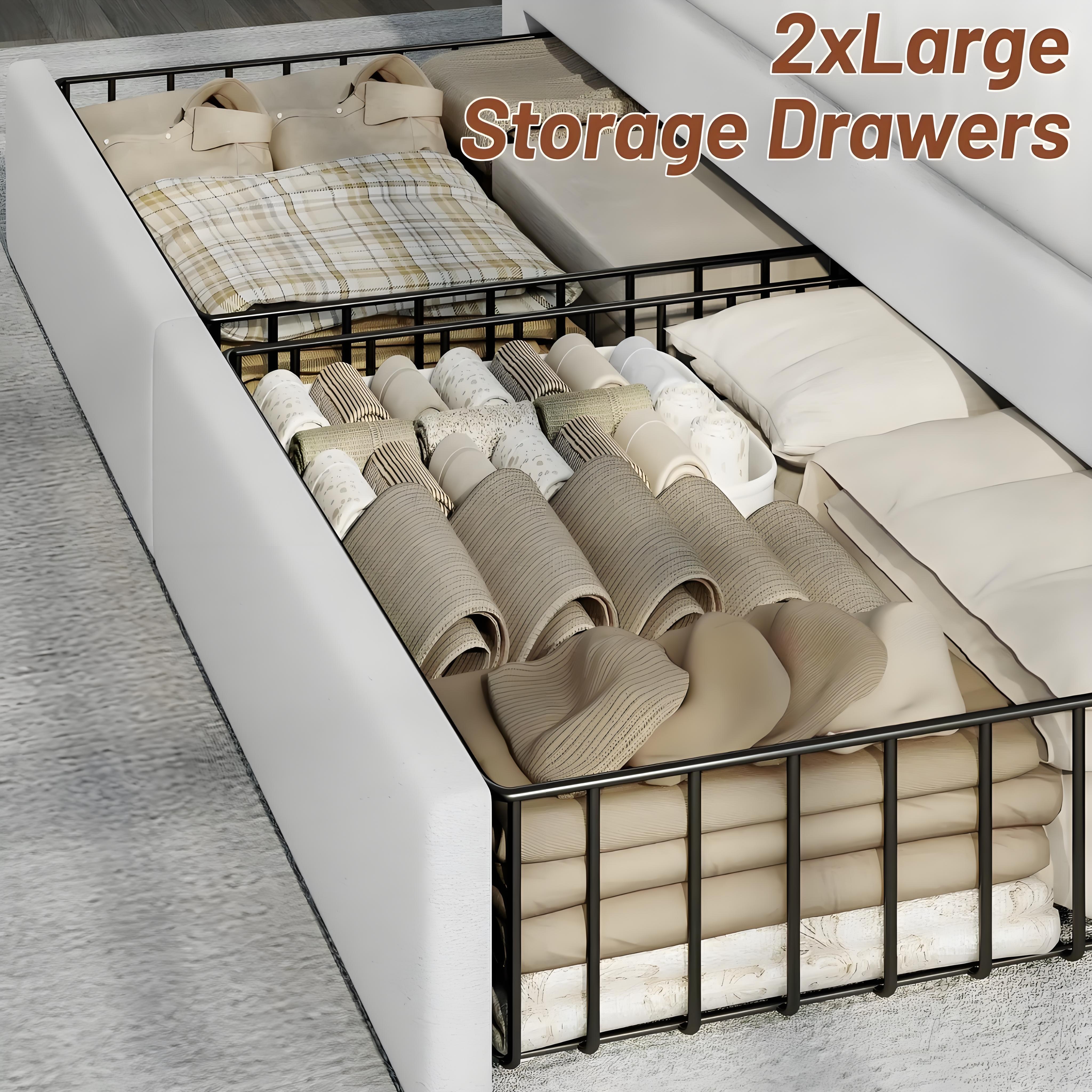 TryLazy Upholstered Flatform Bed Frame with 4 Storage Drawers No MATTRESS Queen Size Wood Slats Holds 900lbs No Noise Rivet Design USB Socket White