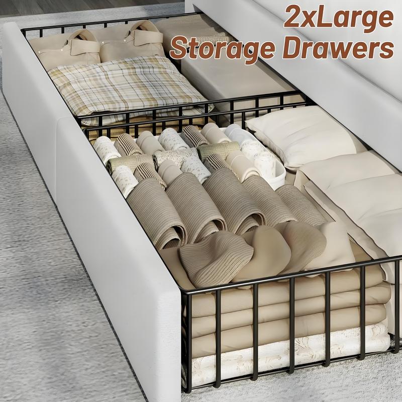 TryLazy Upholstered Flatform Bed Frame with 4 Storage Drawers No MATTRESS Queen Size Wood Slats Holds 900lbs No Noise Rivet Design USB Socket White