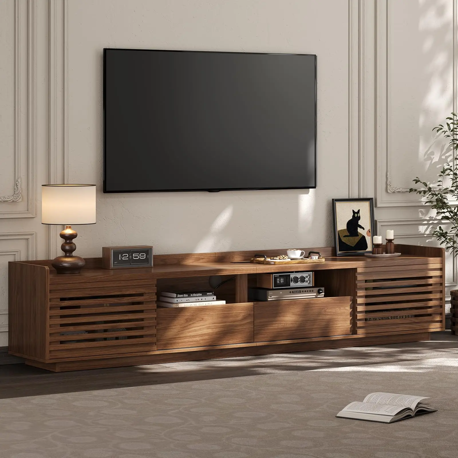 【DealsforYouDays】ONBRILL 78.7" TV Stand for TVs Up to 85", Mid-Century Modern Entertainment Center with Sliding Doors and Adjustable Shelves, Media Console TV Cabinet with Drawers and Open Storage for Living Room