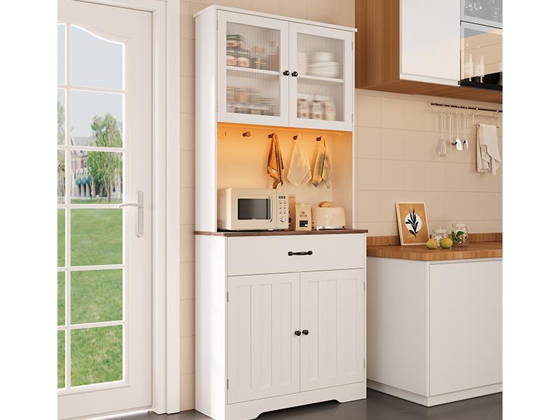 Gizoon 71" H Storage Cabinet with LED Lights, Modern Kitchen Pantry Cabinet with Doors and Drawers, White Hutch with Power Strip and Round Hooks, for Coffee Bar, Dining Room, Tabletop-Retro lead rgb light Controllable LED Tall Fabric Storage Dresser Tower Gizoon 71" H Storage Cabinet with LED Lights, Modern Kitchen Pantry Cabinet with Doors and Drawers, White Hutch with Power Strip and Round Hooks, for Coffee Bar, Dining Room, Tabletop-Retro lead rgb light Controllable LED Tall Fabric Storage Dresser Tower